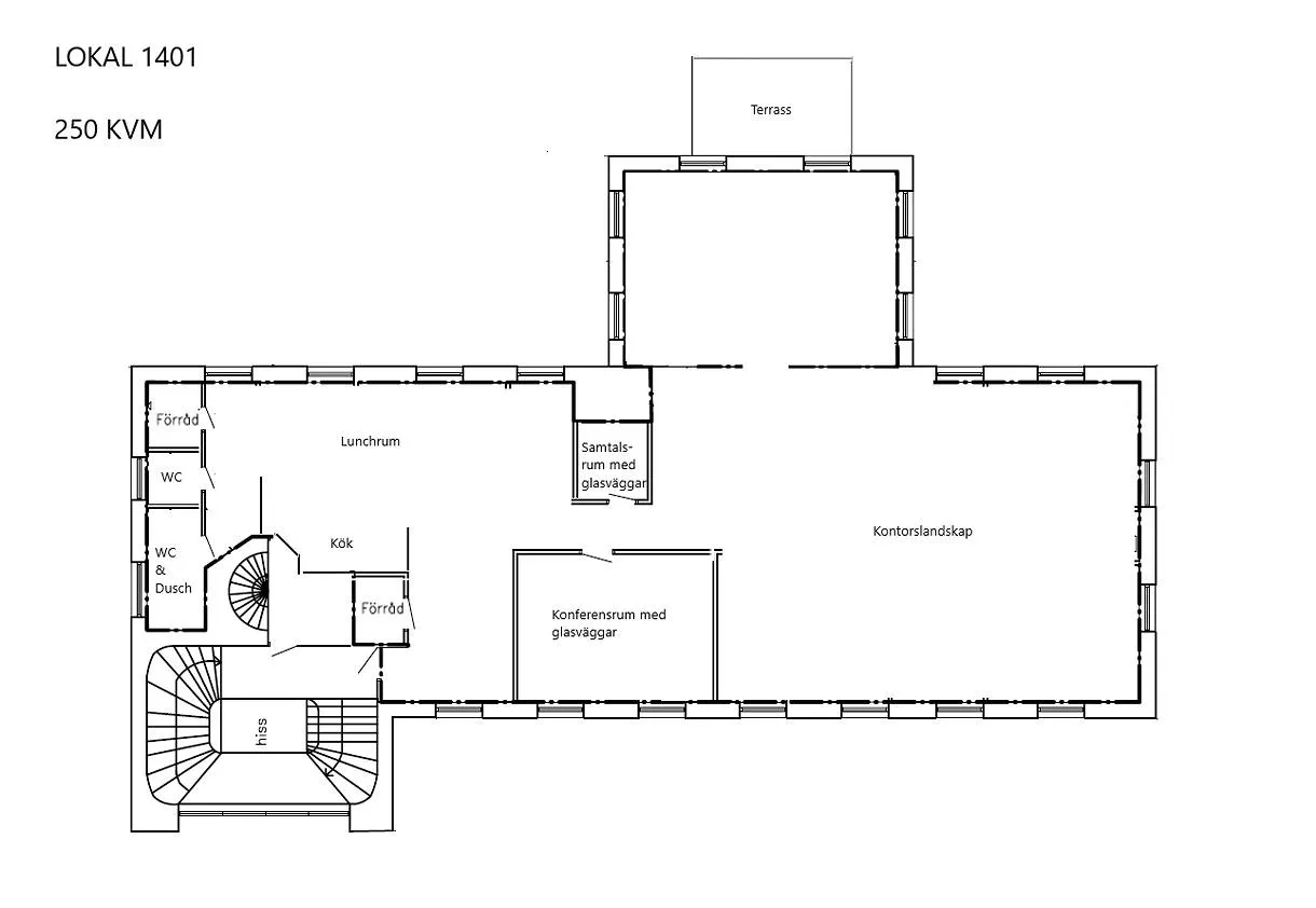 Planritning över lokal 1401, 250 m², med kontorslandskap, mötesrum, kök, lunchrum och takterrass