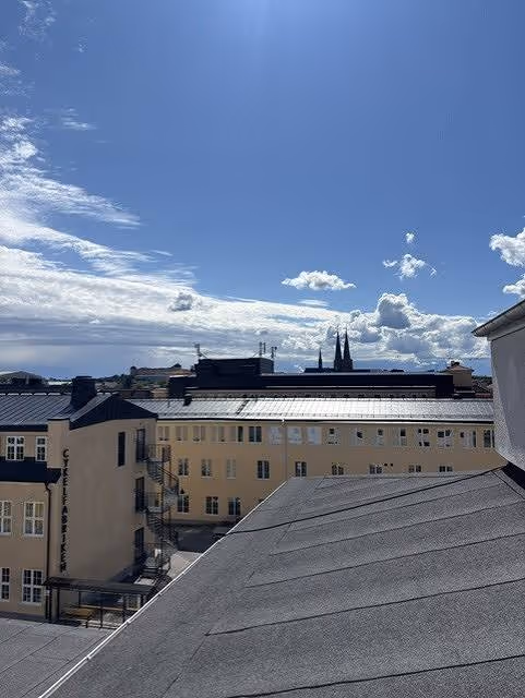 Utsikt över Uppsalas tak med domkyrkans torn i horisonten